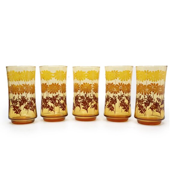 Vintage Libbey Amber Glass Daisy Drinking Glasses Cups 70s Yellow Brown x 5 - Picture 11 of 11